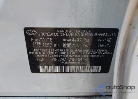 2017 Hyundai Sonata Se z USA, uszkodzony, nr VIN 5NPE24AF7HH484175